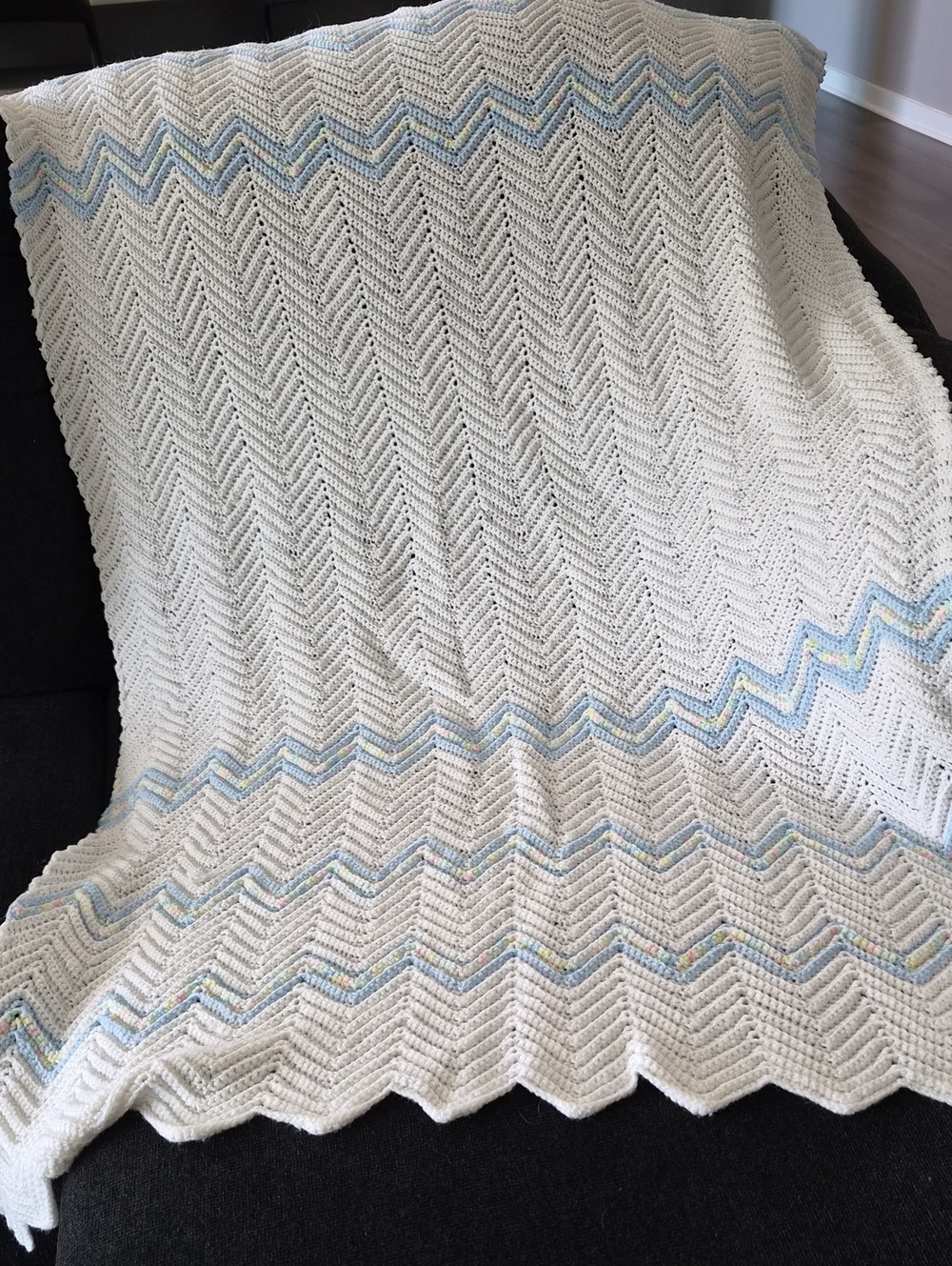 Soft White Chevron Knit Throw Baby Blanket with Pastel Blue Accents